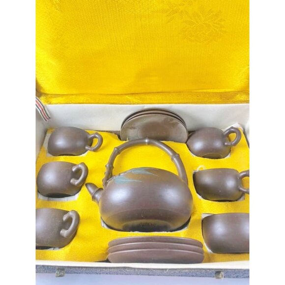 Vintage Chinese Yixing Zisha Clay Bamboo Teapot Set With 6 Cups & Saucers Origin - Picture 2 of 10
